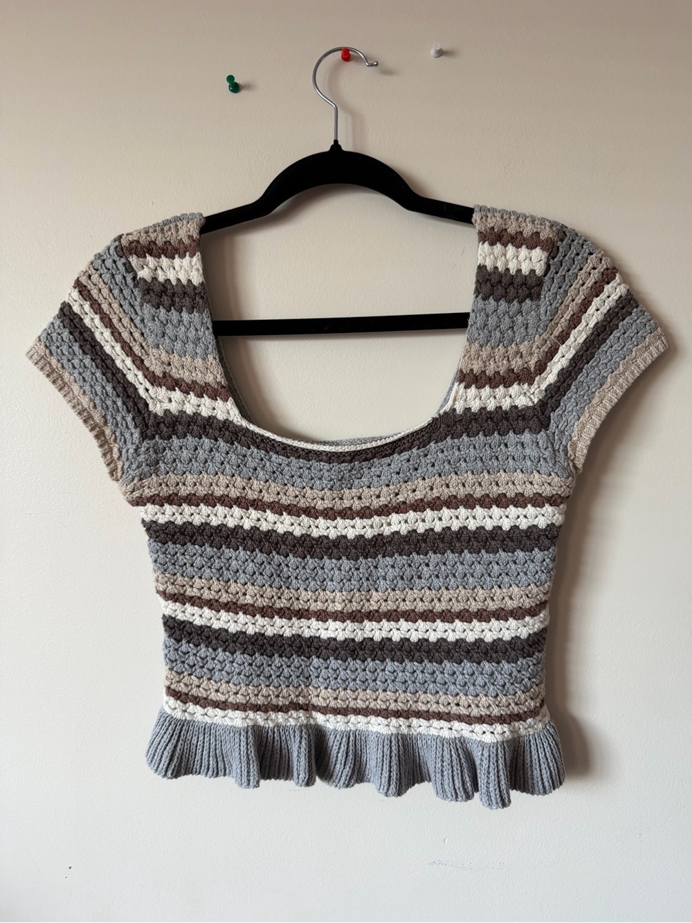Promesa Striped Crochet Scoop Crop Top in Gray, Cream & Brown